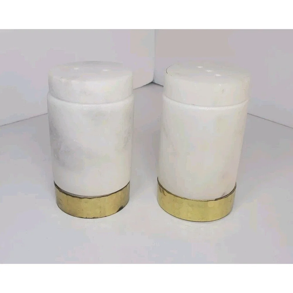 Vintage MCM White Natural Stone Salt And Pepper Shaker Set Hammered Brass Trim